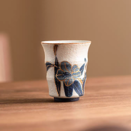 Blue Lotus Hand-Painted Gold-Trimmed Ceramic Tea Cup