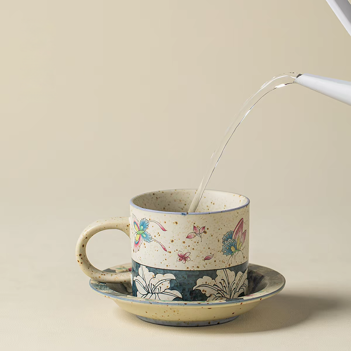 Butterfly & Floral Ceramic Coffee Cup and Saucer Set