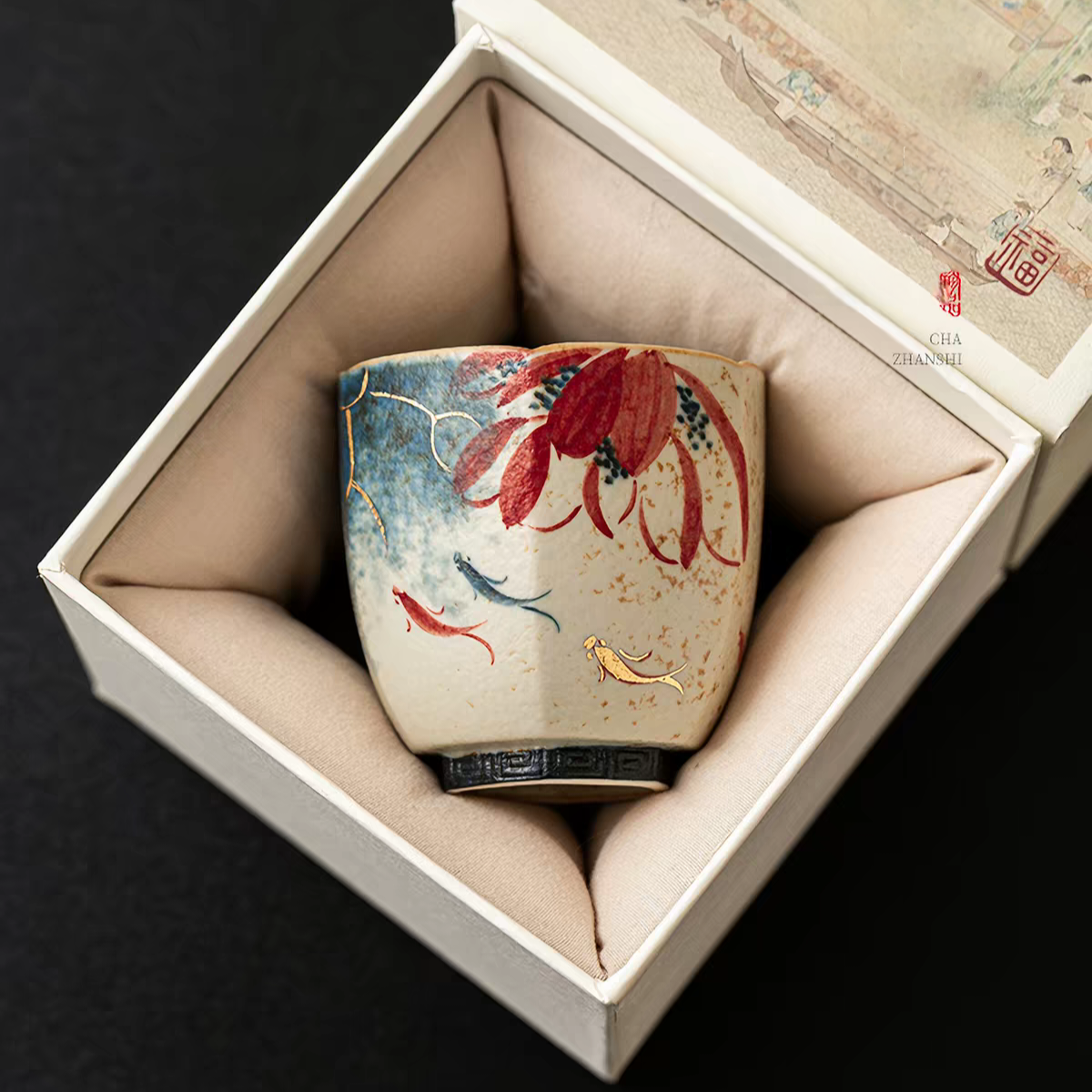 Floral Koi Six-Sided Tea Cup Ceramic Tea Cup