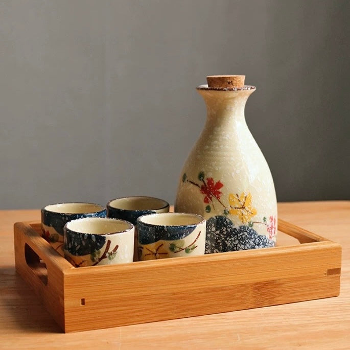 5 Piece Snow Sakura Sake Set | Japanese Pottery Shop | Sake Oni