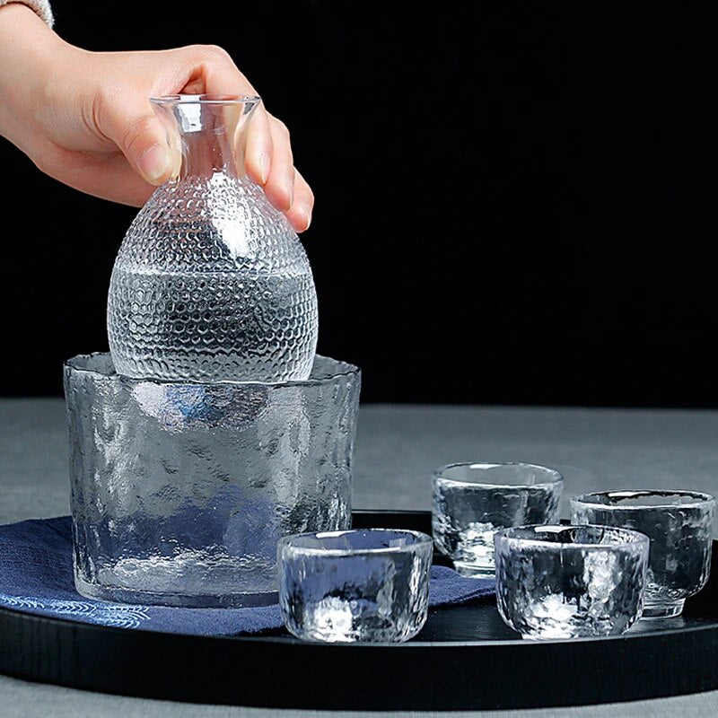 Glass Sake Set with Warmer, Japanese Whisky Bottle & Cups
