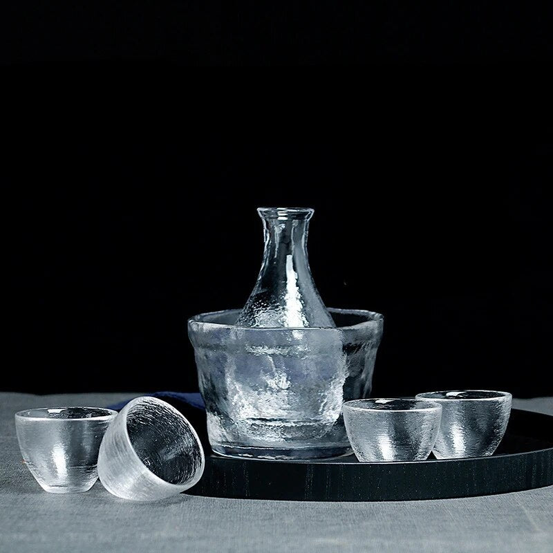 Glass Sake Set with Warmer, Japanese Whisky Bottle & Cups