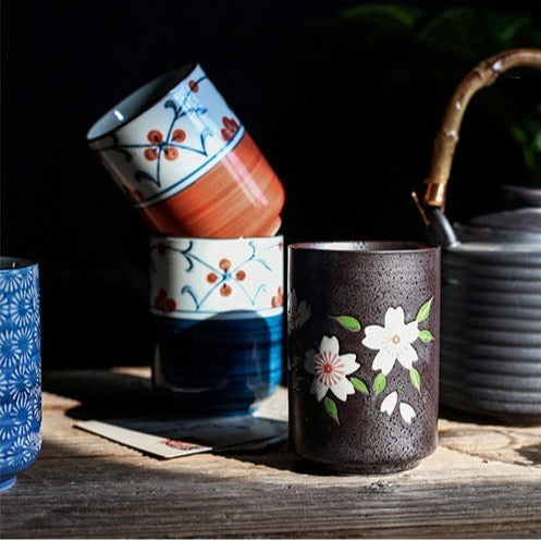 Hand Painted Red Floral Yunomi Tea Cup