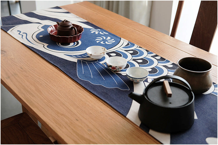 Japanese Blue Carp Koi Fish Streamer Table Runner