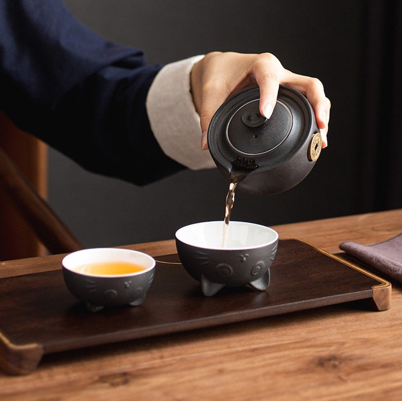 Ceramic Cat Travel Tea Set