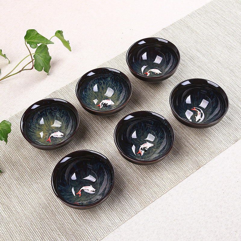 Kiln Change Swimming Goldfish Ceramic Tea Cup Set of Six