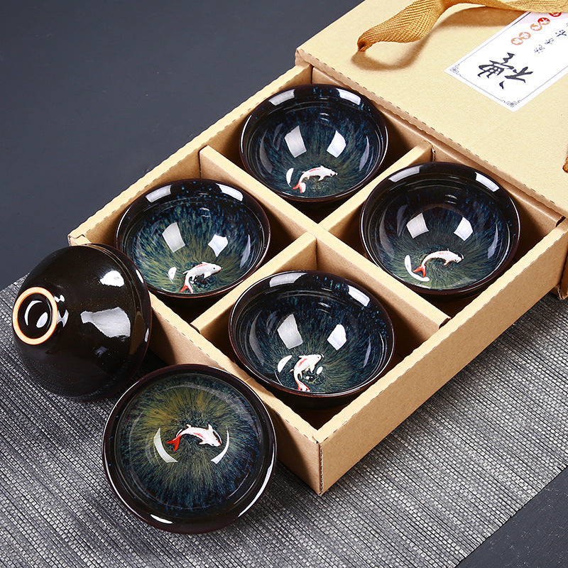 Kiln Change Swimming Goldfish Ceramic Tea Cup Set of Six