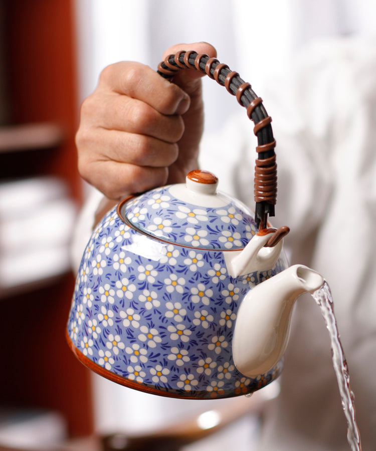 Blue Top Handle Japanese Floral Porcelain Teapot