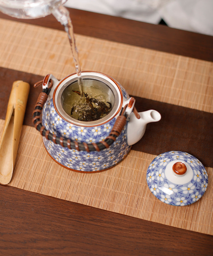 Blue Top Handle Japanese Floral Porcelain Teapot