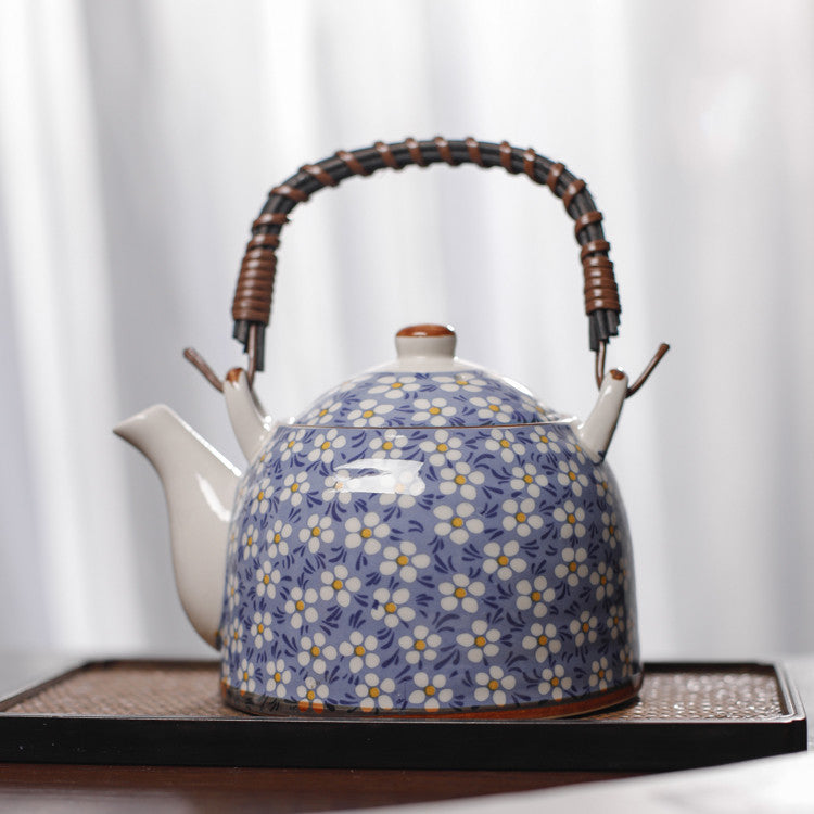 Blue Top Handle Japanese Floral Porcelain Teapot