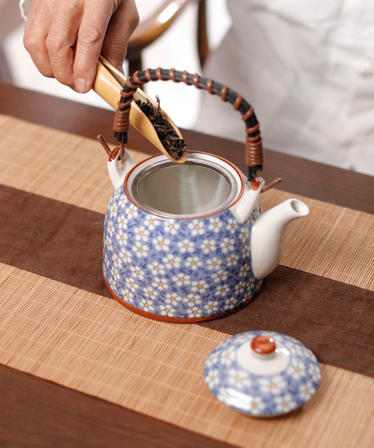 Blue Top Handle Japanese Floral Porcelain Teapot