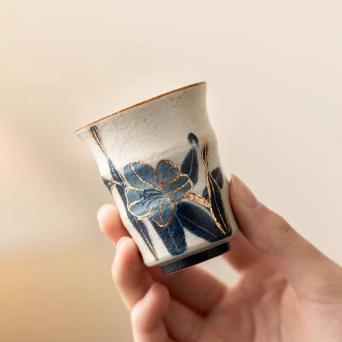 Blue Lotus Hand-Painted Gold-Trimmed Ceramic Tea Cup