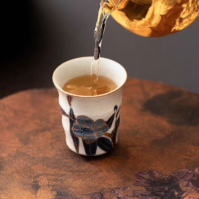 Blue Lotus Hand-Painted Gold-Trimmed Ceramic Tea Cup