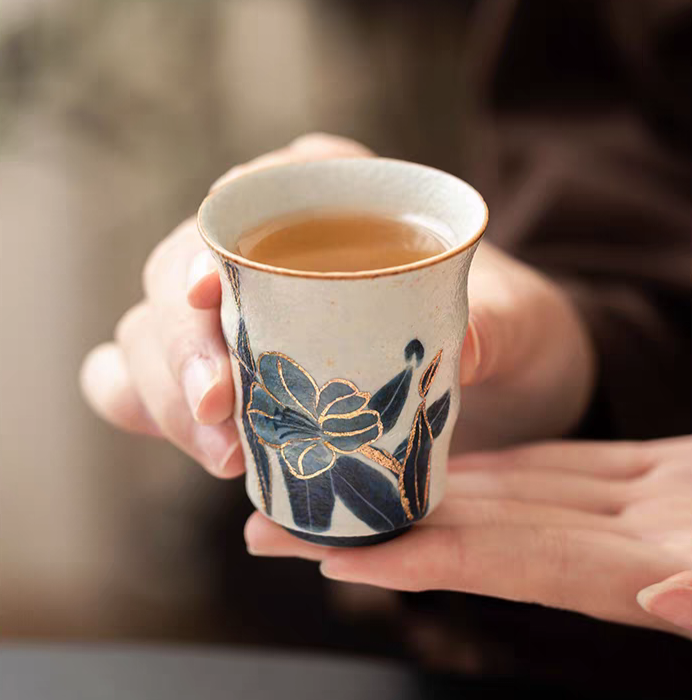 Blue Lotus Hand-Painted Gold-Trimmed Ceramic Tea Cup