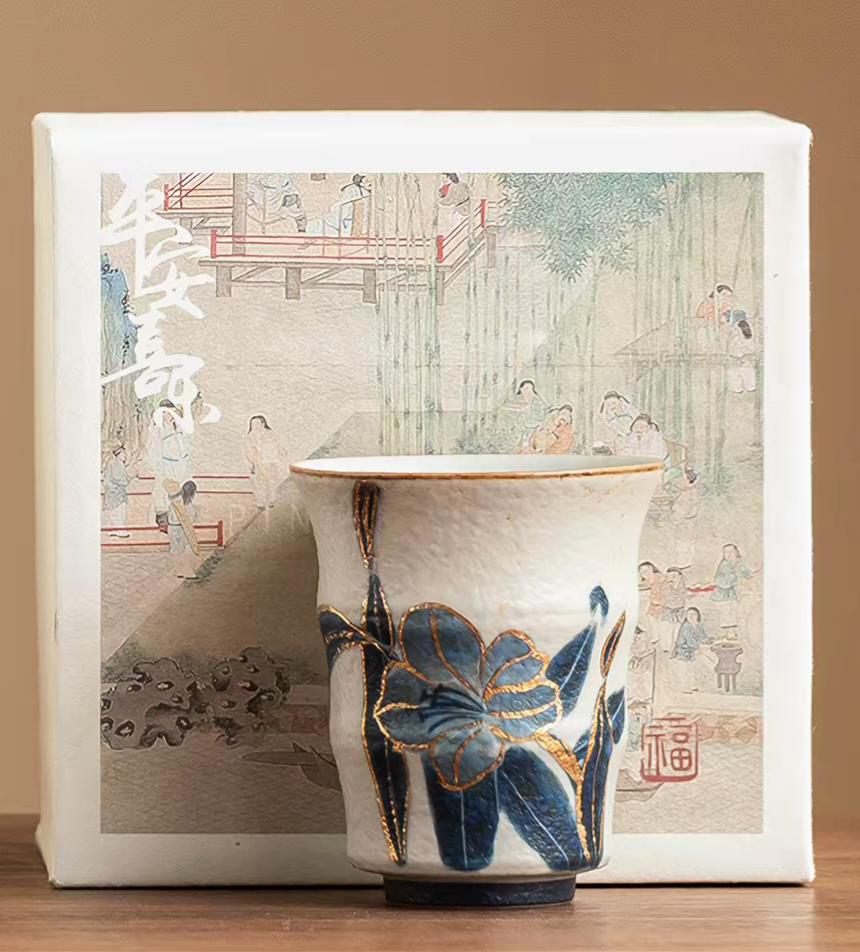 Blue Lotus Hand-Painted Gold-Trimmed Ceramic Tea Cup