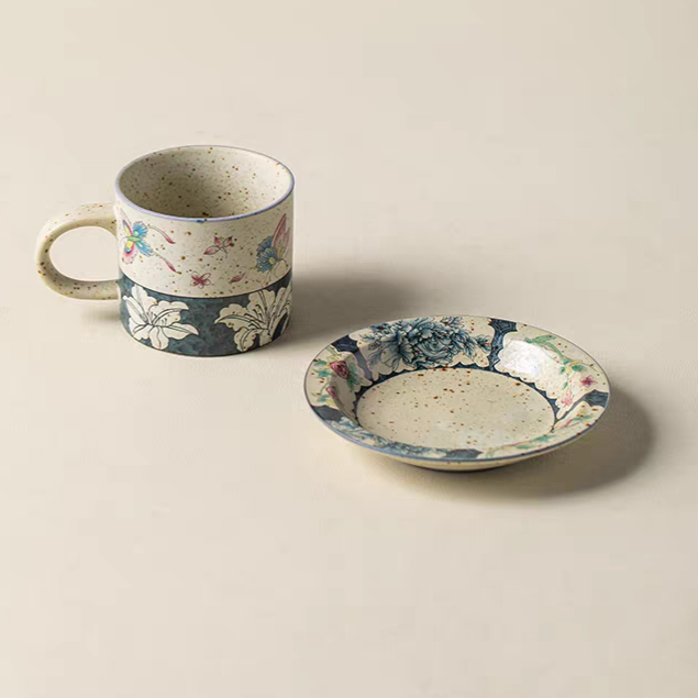 Butterfly & Floral Ceramic Coffee Cup and Saucer Set
