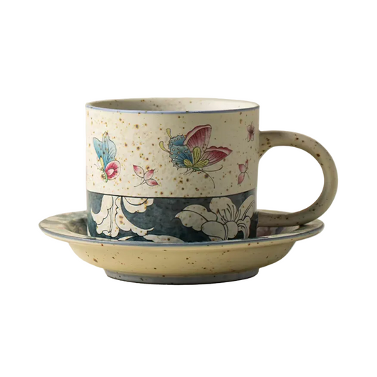 Butterfly & Floral Ceramic Coffee Cup and Saucer Set