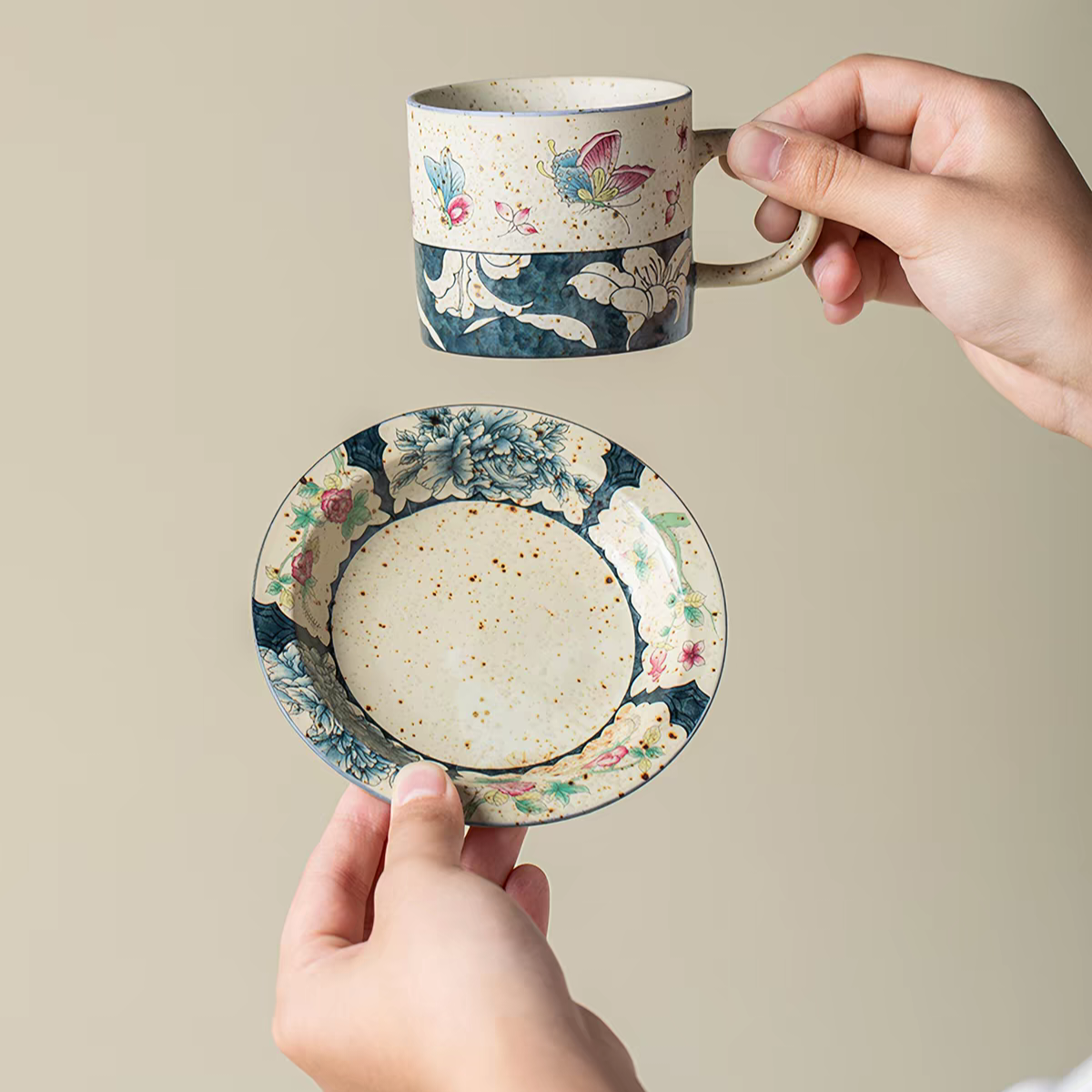 Butterfly & Floral Ceramic Coffee Cup and Saucer Set