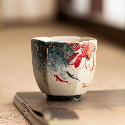 Floral Koi Six-Sided Tea Cup Ceramic Tea Cup