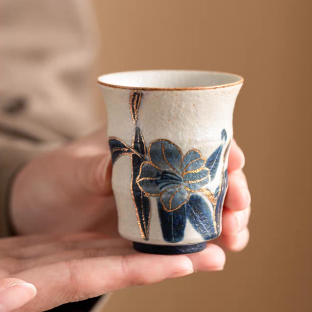 Blue Lotus Hand-Painted Gold-Trimmed Ceramic Tea Cup