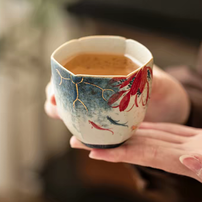 Floral Koi Six-Sided Tea Cup Ceramic Tea Cup