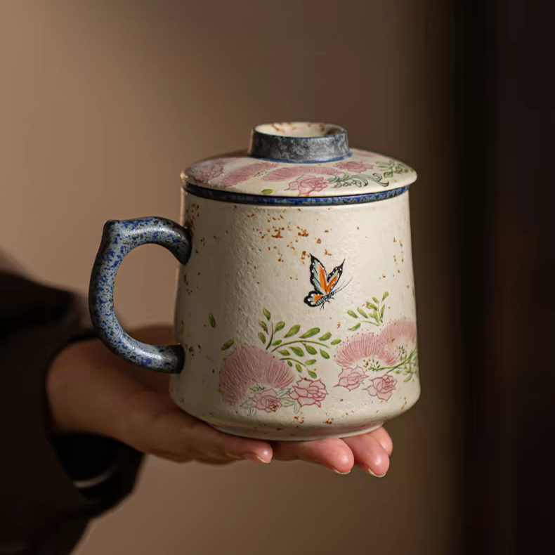 Vintage Floral Butterfly Tea Mug with Lid and Infuser