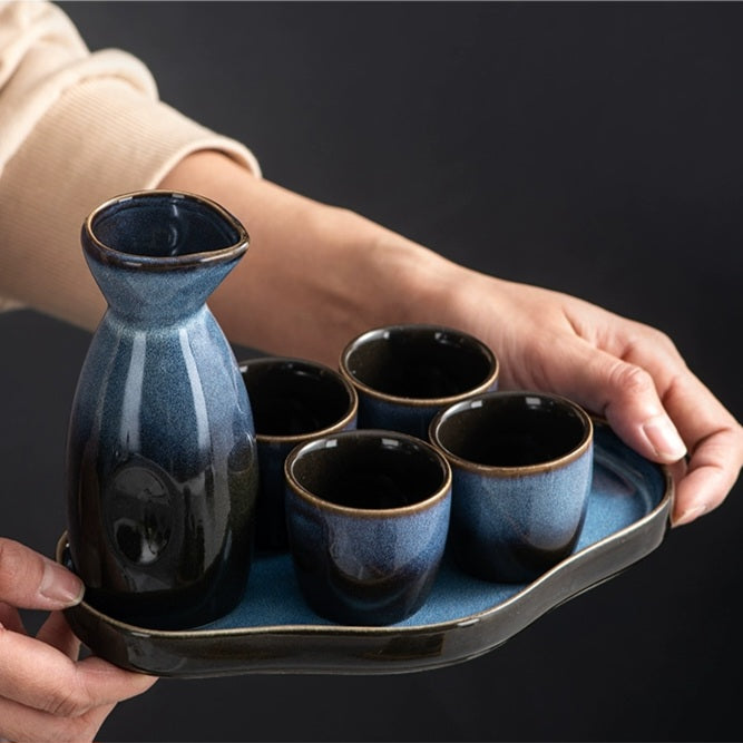 Sake Bottle and Cup Set with Ceramic Tray