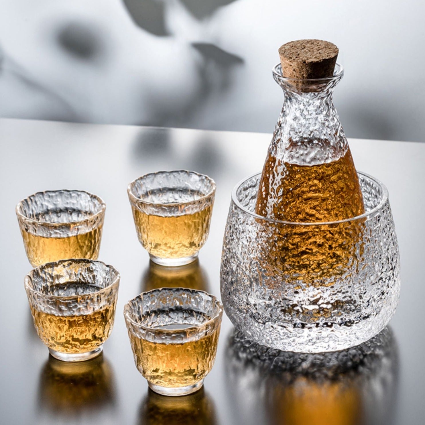Glass Sake Set with Warmer | Japanese Whisky Bottle & Cups | Sake Oni