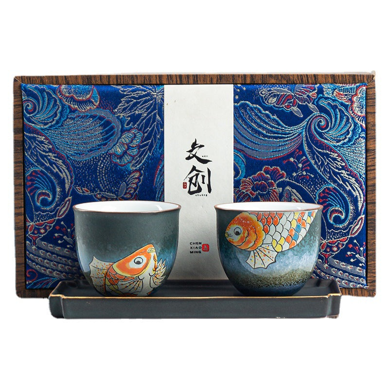 Hand-painted Brocaded Carp Kung Fu Tea Cup 3-Piece Set