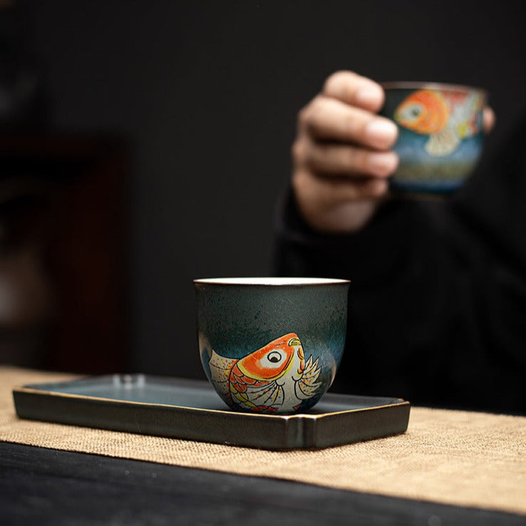 Hand-painted Brocaded Carp Kung Fu Tea Cup 3-Piece Set