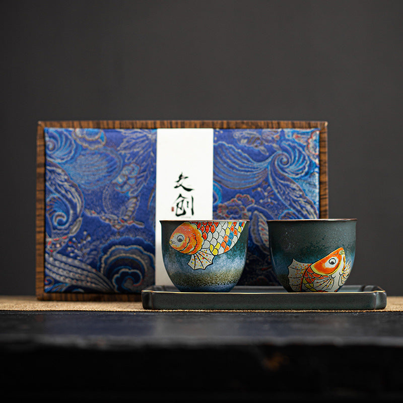 Hand-painted Brocaded Carp Kung Fu Tea Cup 3-Piece Set