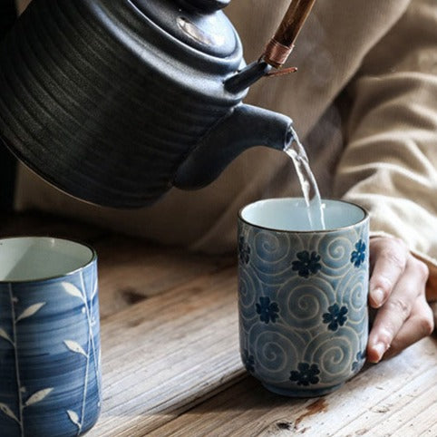 Hand Painted Blue Yunomi Tea Cup [Uzumaki]