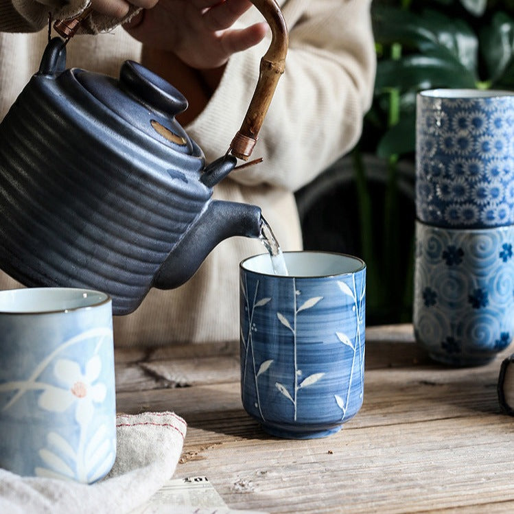 Hand Painted Blue Yunomi Tea Cup [Kiku]