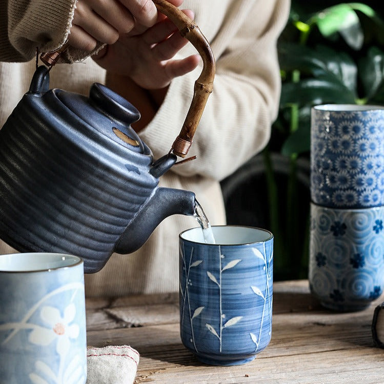 Hand Painted Blue Yunomi Tea Cup [Uzumaki]