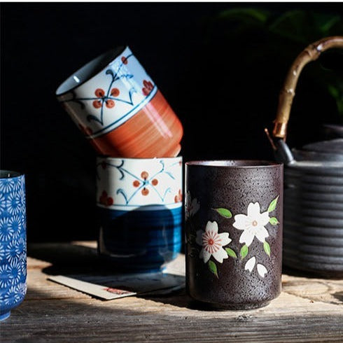 Hand Painted Blue Floral Yunomi Tea Cup