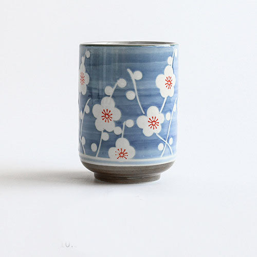 Hand Painted Blue Yunomi Tea Cup [Plum Blossom]