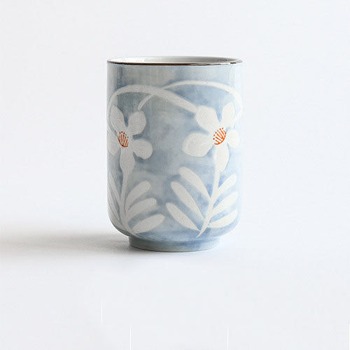 Hand Painted Blue Yunomi Tea Cup [Reed Flower] – Sake Oni