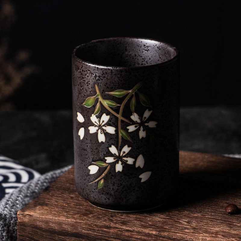 Hand Painted Black Yunomi Tea Cup [Sakura]