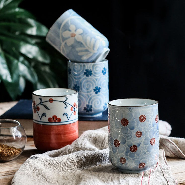 Hand Painted Blue Yunomi Tea Cup [Reed Flower]