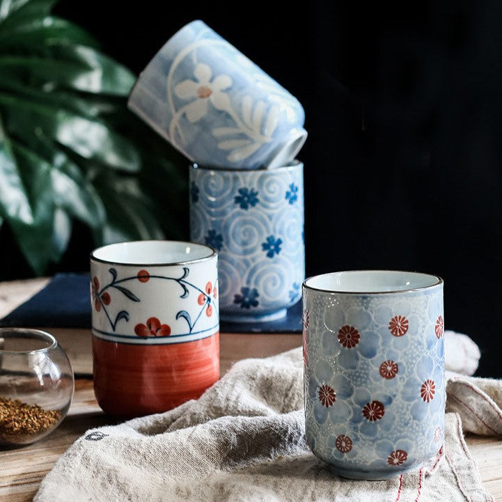 Hand Painted Red Floral Yunomi Tea Cup