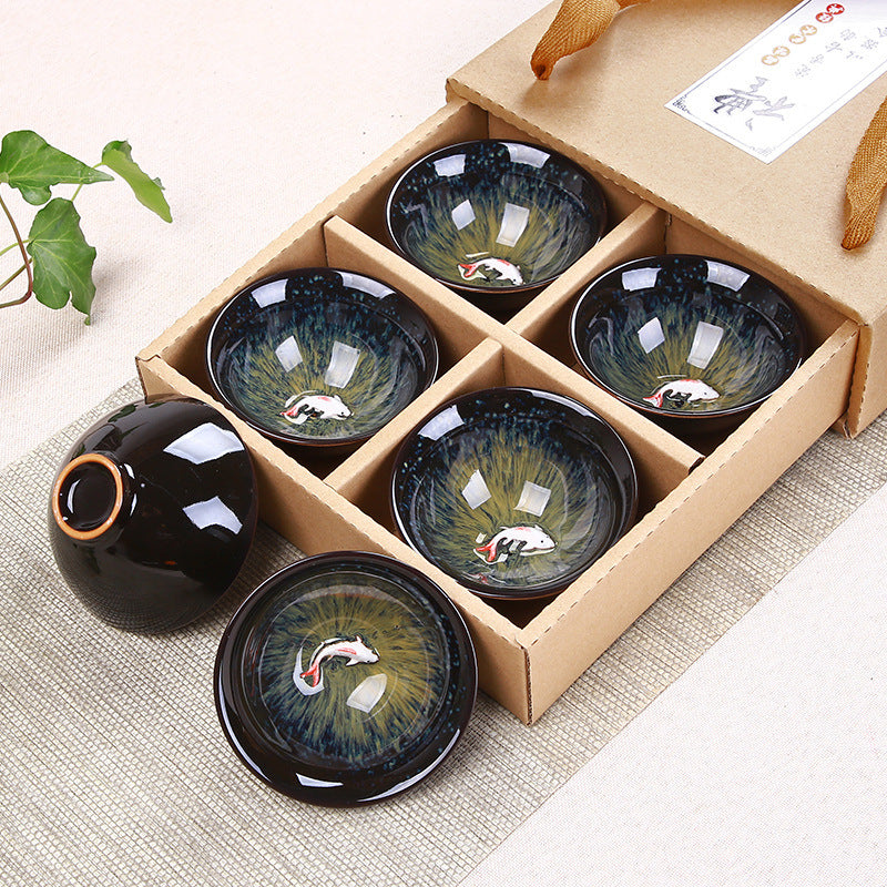 Kiln Change Swimming Goldfish Ceramic Tea Cup Set of Six