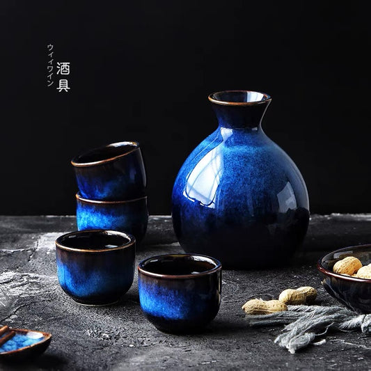 5 Piece Cat Eye Blue Sake Set