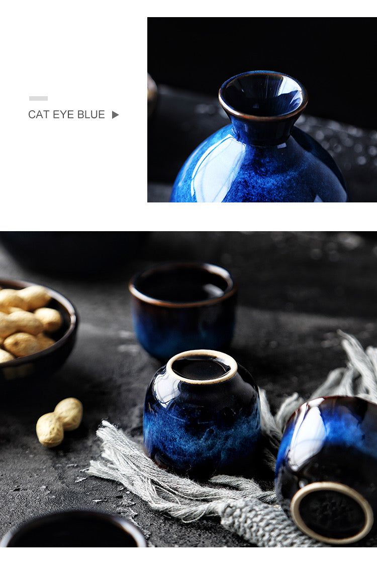 Sake Bottle and Cup Set [Cat Eye Blue]
