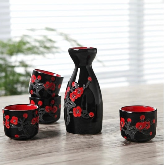 Sake Bottle and Cup Set [Red Sakura]