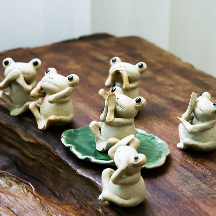 Frog Buddhist Clay Figurine Tea Pet Set of 6