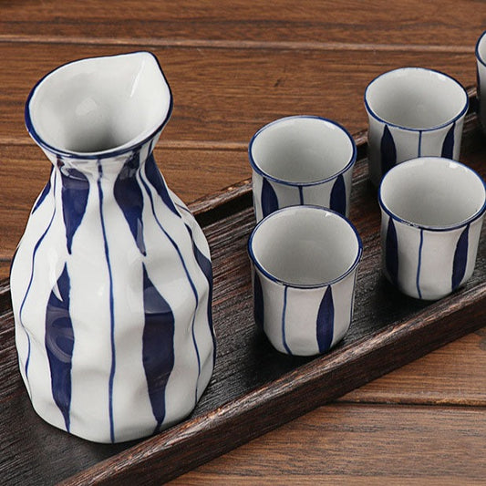 Sake Bottle and Cup Set [Striped Blue]