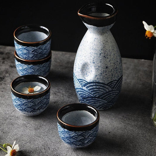 BOSILI Ceramic Japanese Sake Set 1 Sake Bottle and 4 Sake Cups 5 Pieces  Black Cherry Blossom Style for Sake White Wine(Black)