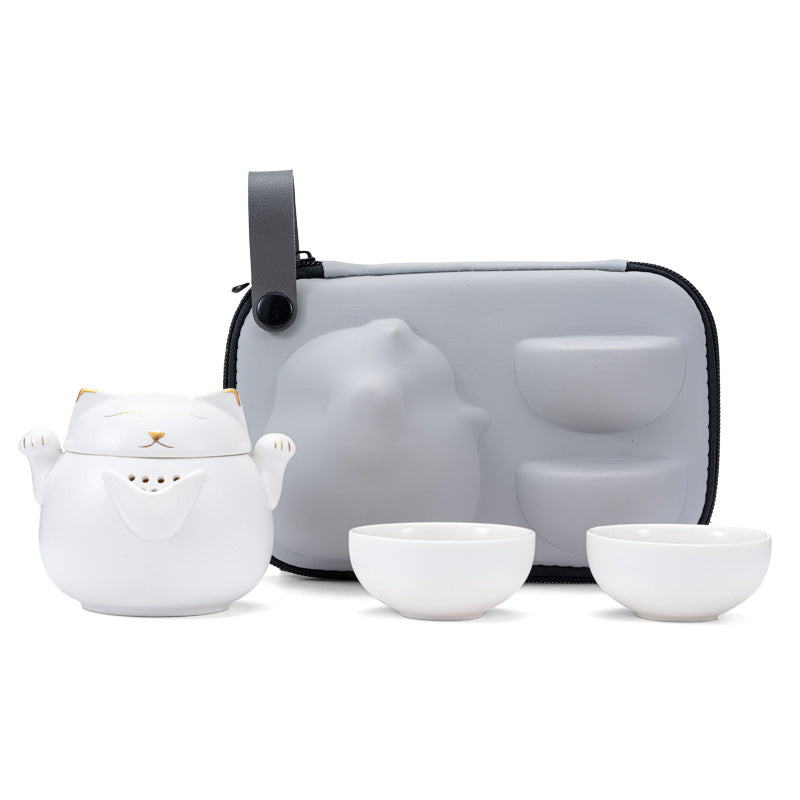 White Lucky Cat Travel Tea Set