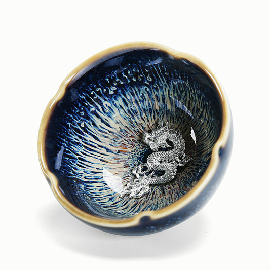 Silver Dragon Inlay Ceramic Tea Cup