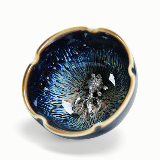 Silver Goldfish Inlay Ceramic Tea Cup